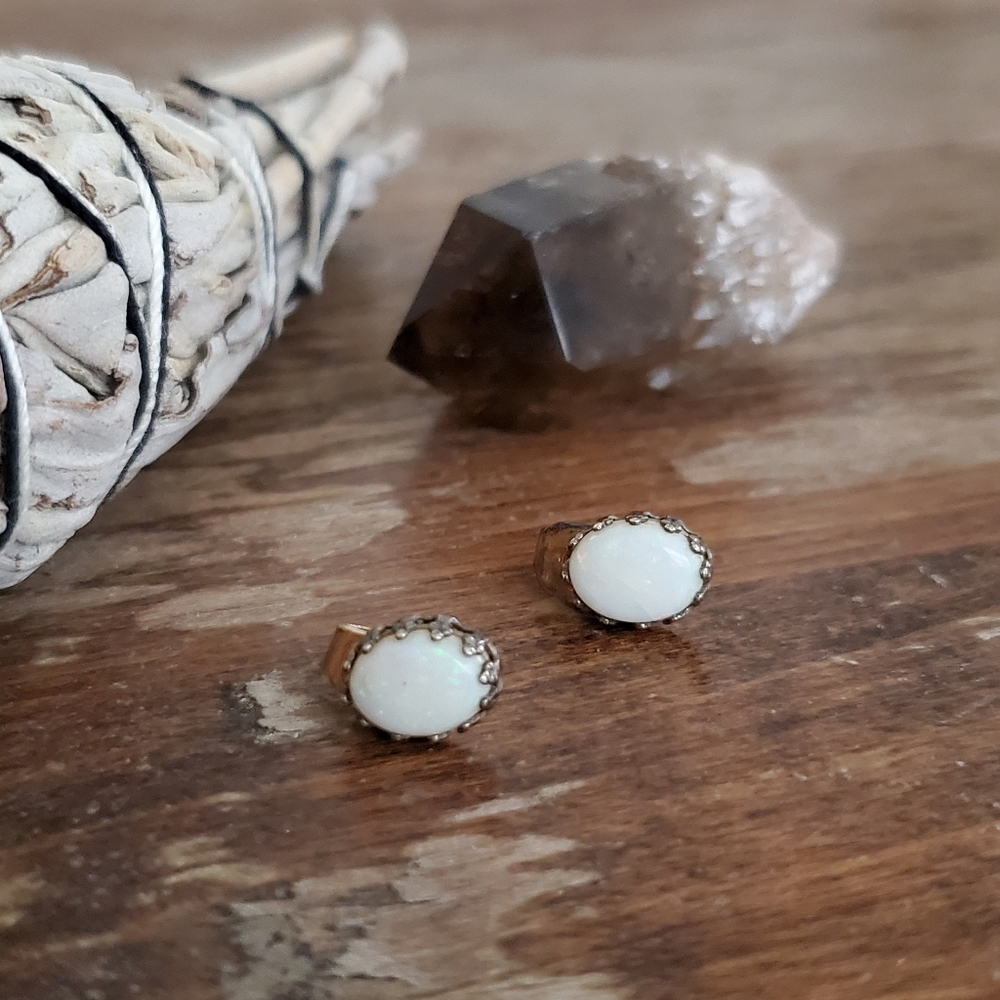 vintage white opal gemstone stud boho earrings